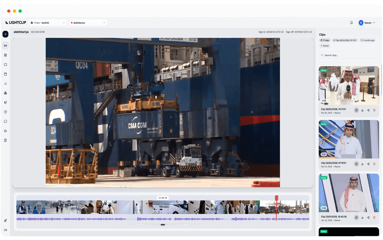 LIGHTCLIP Dashboard - Real-time timeline and clipping interface