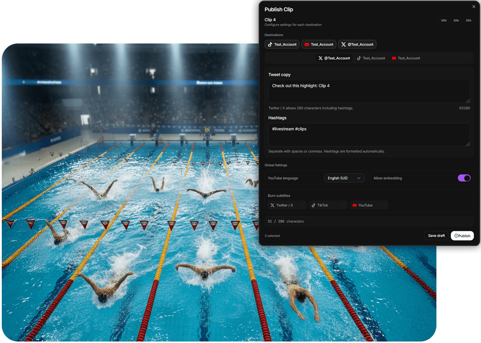 Lightclip social media publishing interface for multiple connected platforms