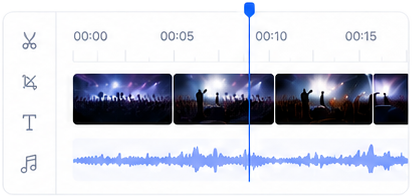 Video editor timeline with thumbnails and waveform
